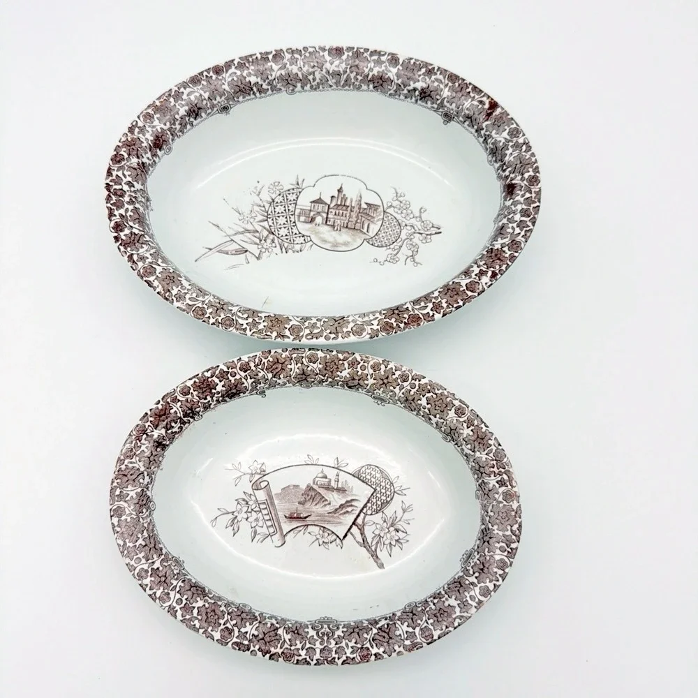 Antique Copeland Ironstone Brown Transferware Oval Serving Bowls Set Of 2